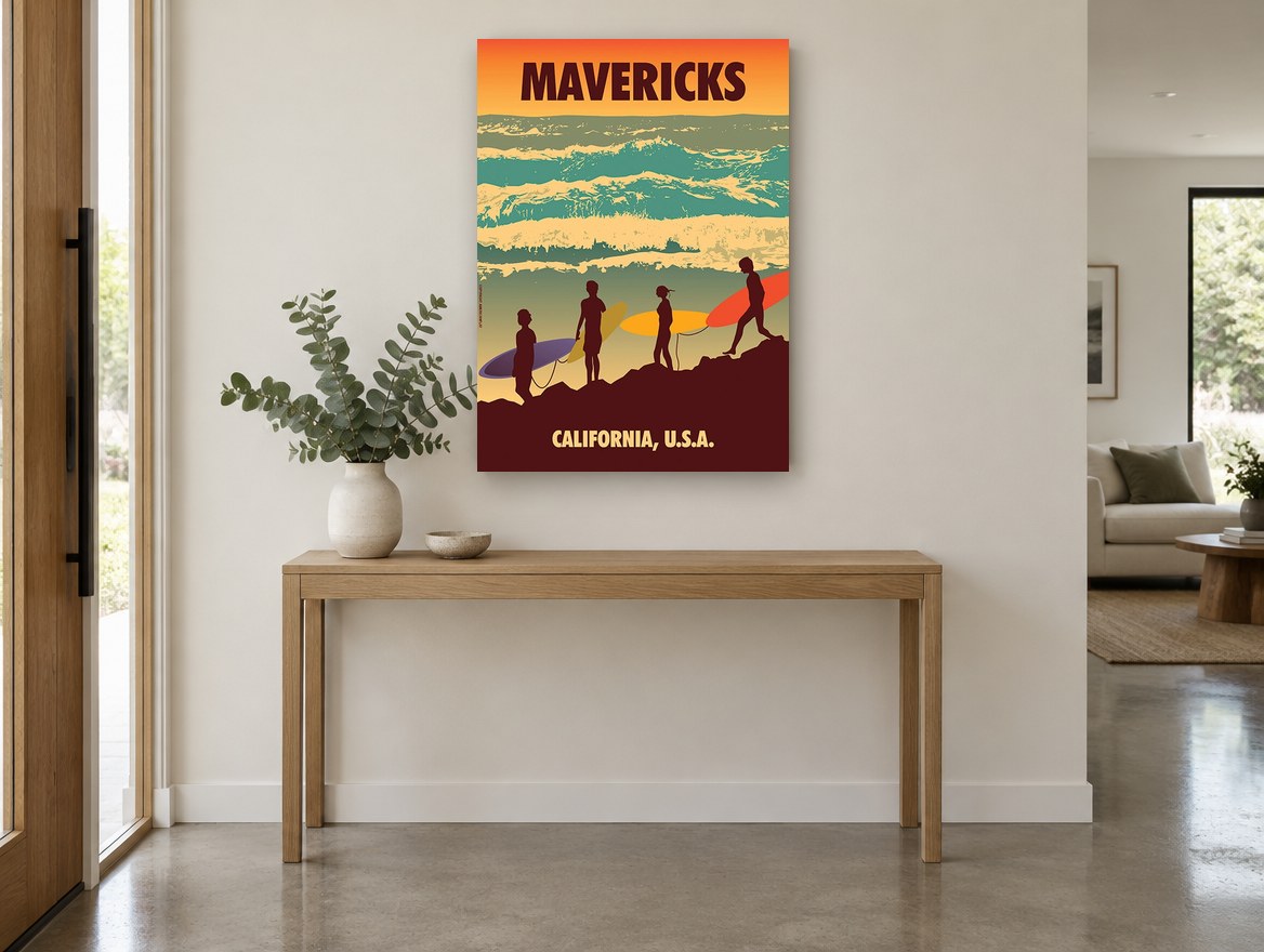 Dawn Patrol Surfers coastal canvas print on the wall of a entry hall