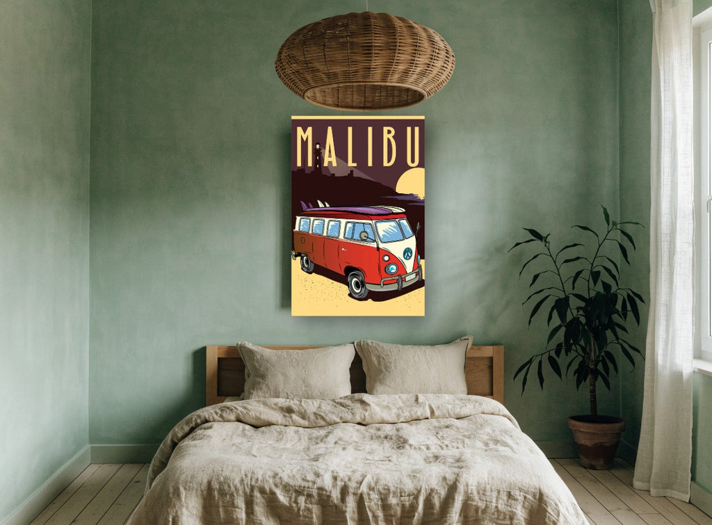 Malibu Combi Sunset coastal canvas print on the wall of a bedroom