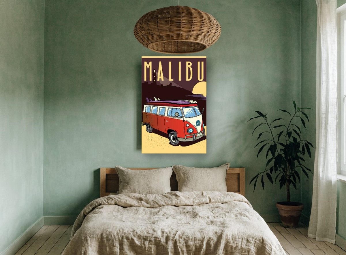 Malibu Combi Sunset coastal canvas print on the wall of a bedroom