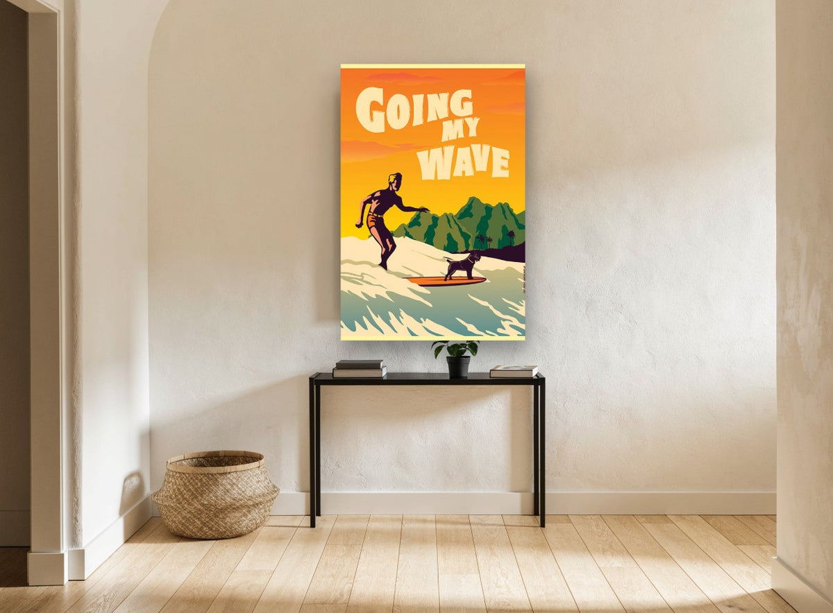 Surfing With My Dog coastal canvas print on the wall of a hallway