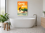 Surfing With My Dog coastal canvas print on the wall of a bathroom