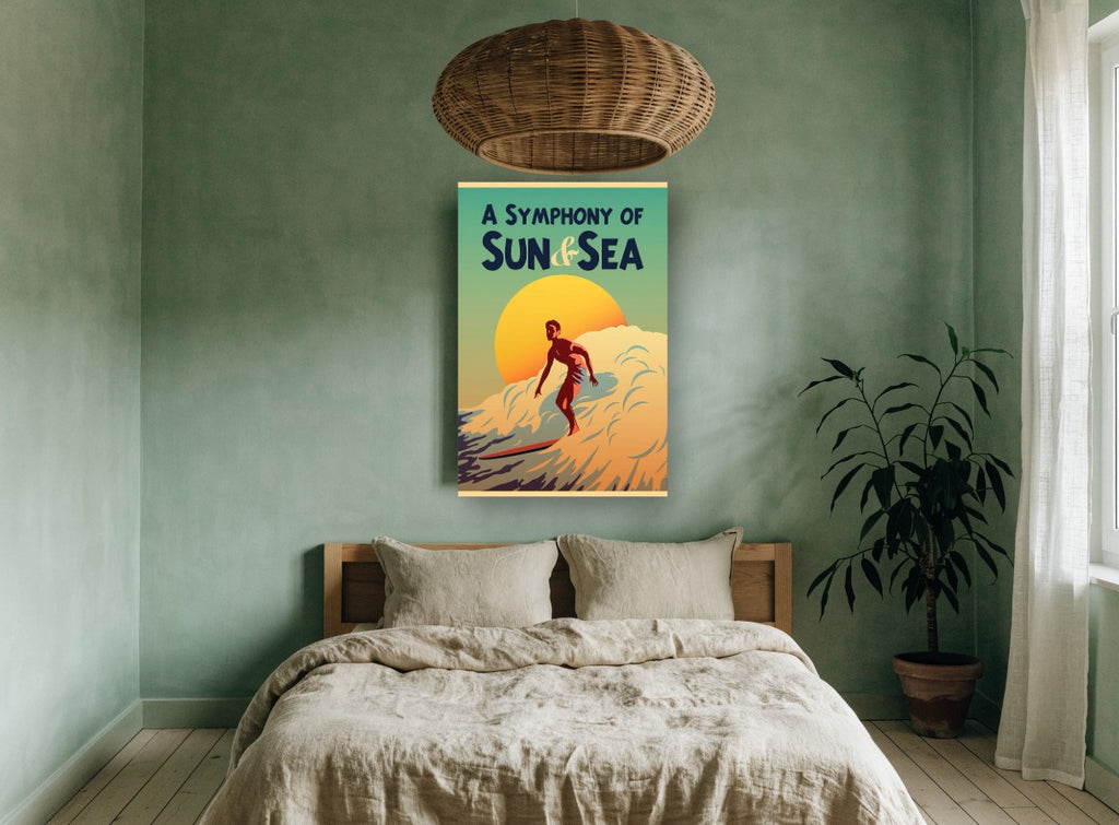 Surfer Against Setting Sun coastal canvas print on the wall of a bedroom