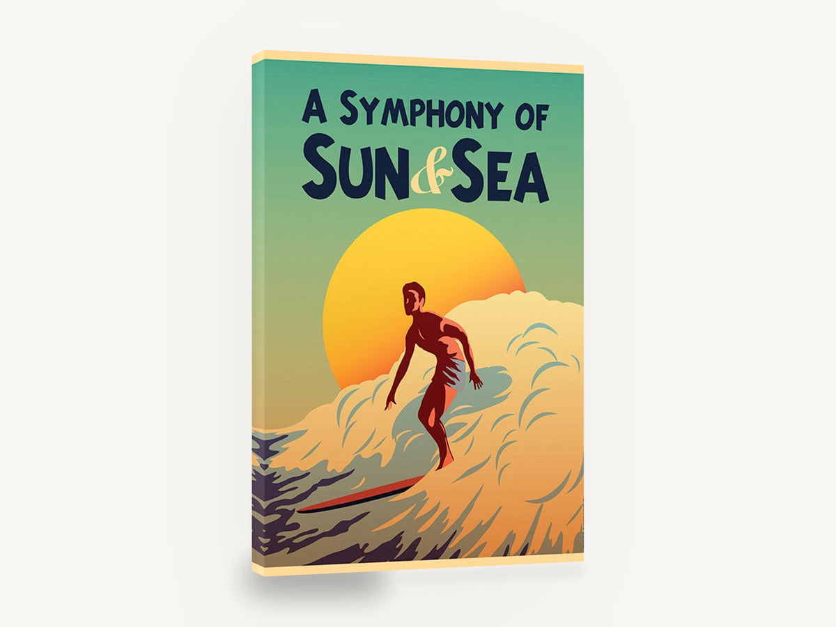 Surfer Against Setting Sun, retro surfer sun and sea poster, coastal canvas wall art print ready to hang