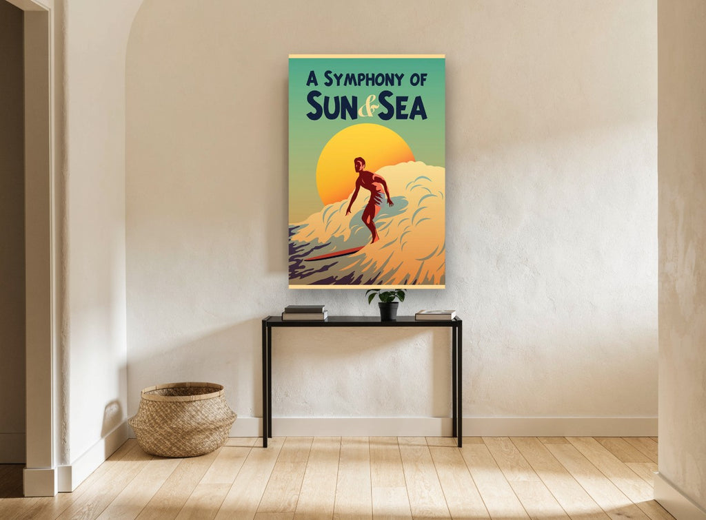 Surfer Against Setting Sun coastal canvas print on the wall of a hallway