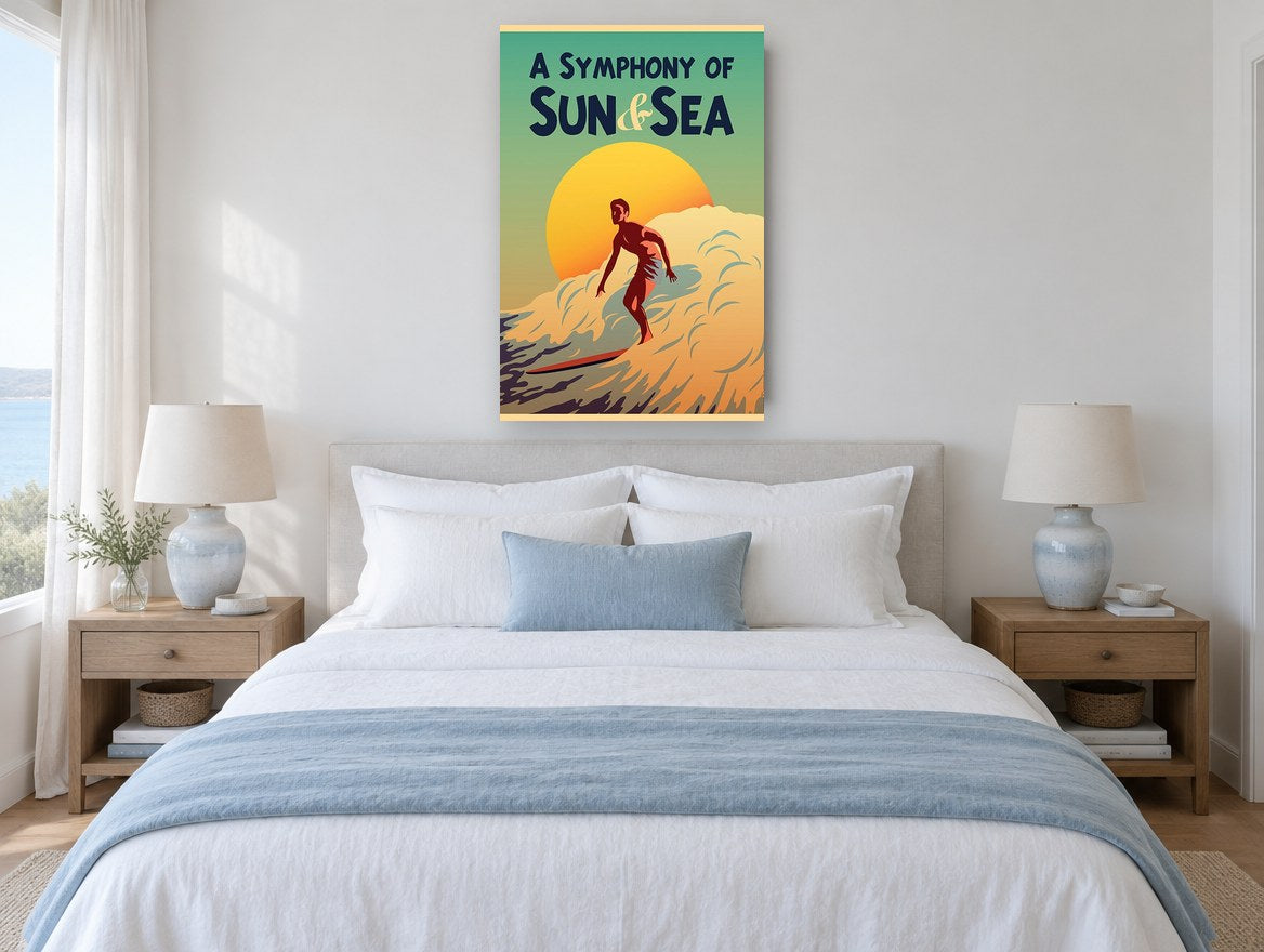 Surfer Against Setting Sun coastal canvas print on the wall of a coastal bedroom