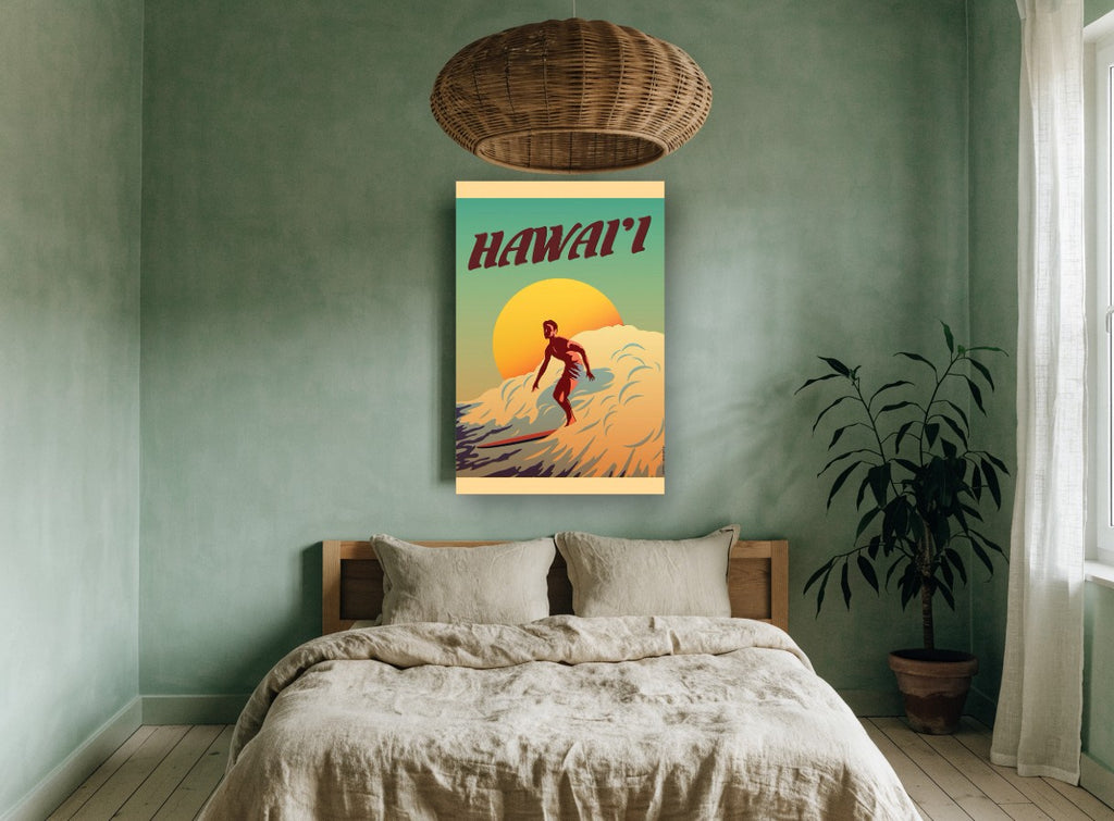 Hawai'i Sunset Surfer coastal canvas print on the wall of a bedroom