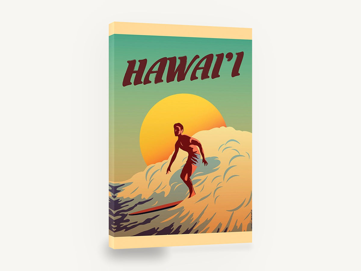 Hawai'i Sunset Surfer, hawaii surfer retro travel poster, coastal canvas wall art print ready to hang