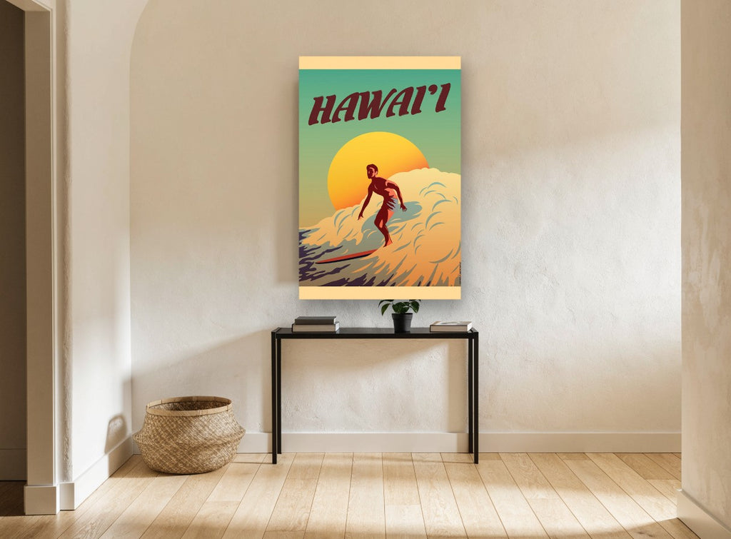Hawai'i Sunset Surfer coastal canvas print on the wall of a hallway