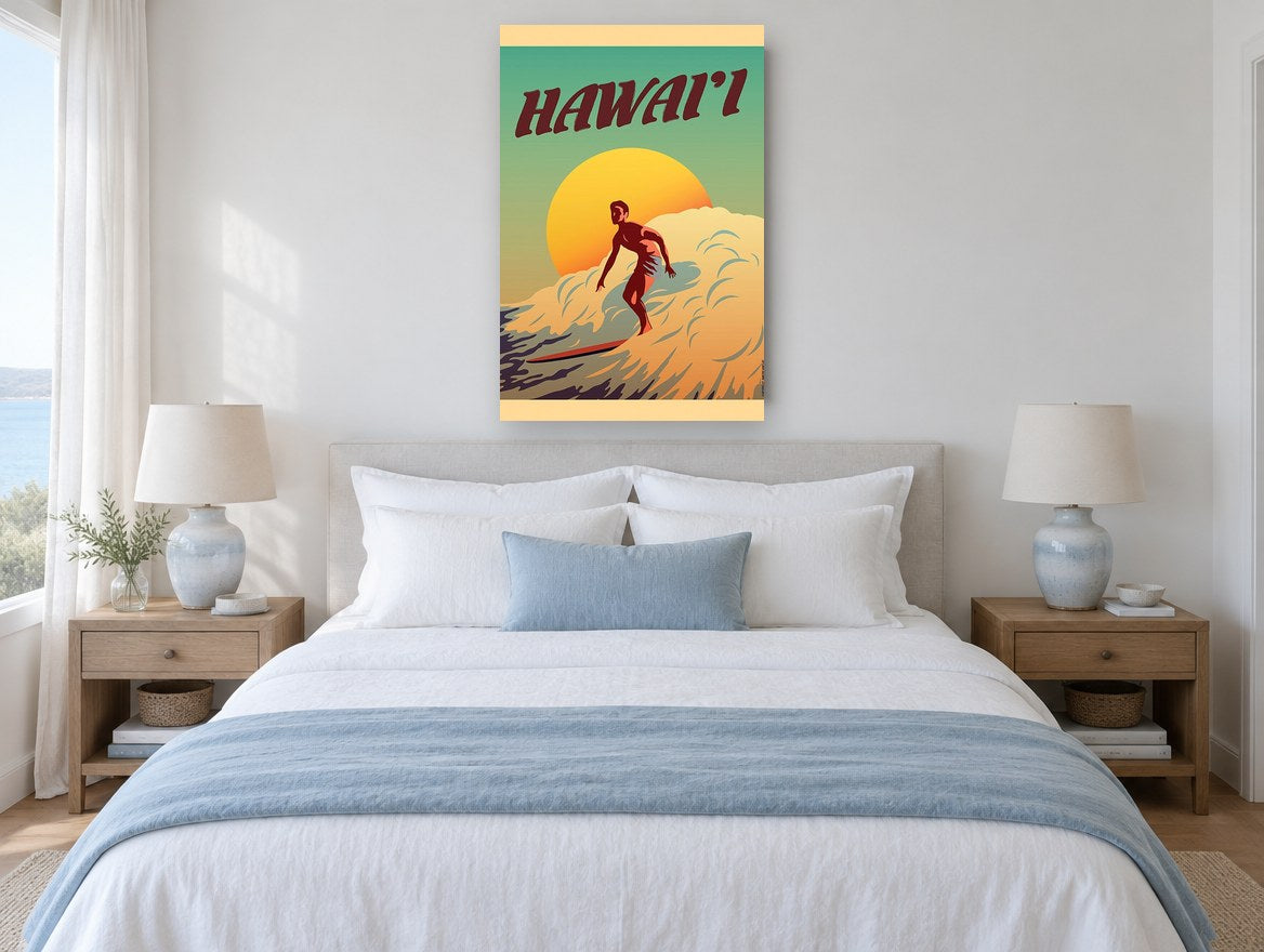 Hawai'i Sunset Surfer coastal canvas print on the wall of a coastal bedroom