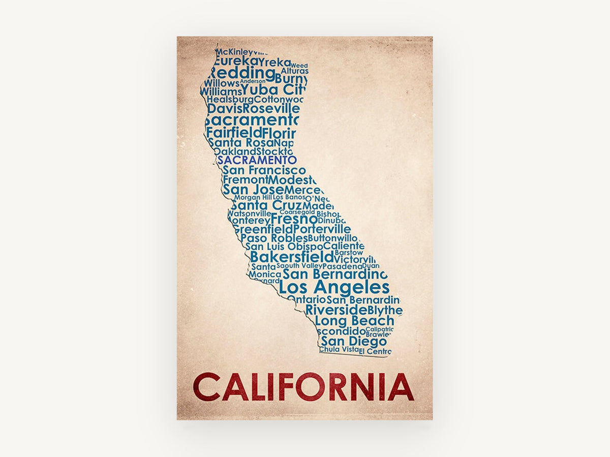 California Town Map, california typography city names map, city canvas wall art print, front view