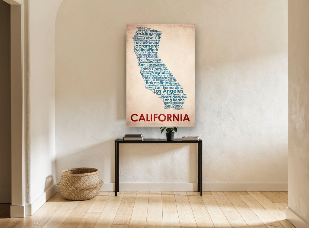 California Town Map city canvas print on the wall of a hallway