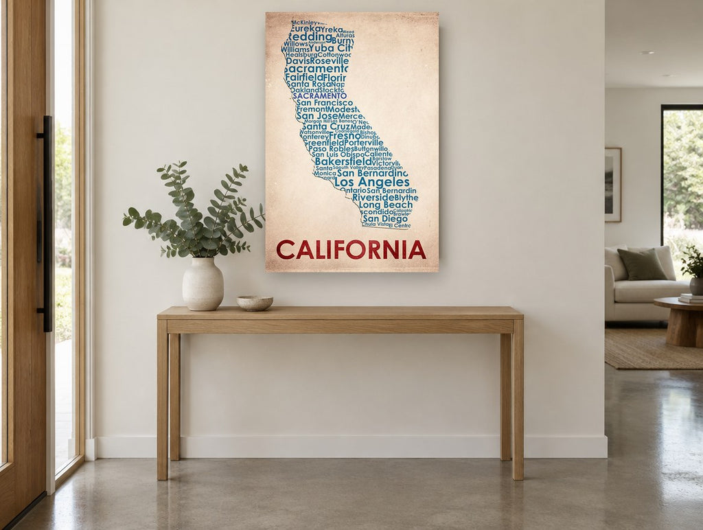 California Town Map city canvas print on the wall of a entry hall