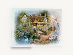 Thatched Cottage Pond, vintage thatched cottage garden scene, stretched canvas wall art print ready to hang