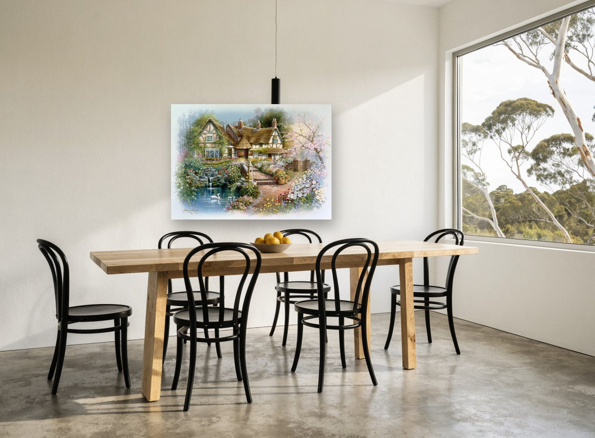 Thatched Cottage Pond vintage canvas print on the wall of a dining room
