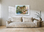 Thatched Cottage Pond vintage canvas print on the wall of a living room