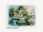 Swan Pond Cottage, vintage thatched cottage garden scene, stretched canvas wall art print ready to hang