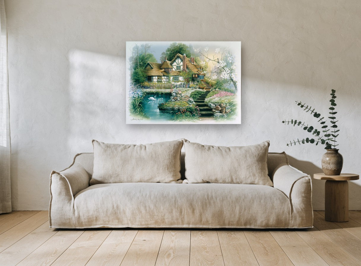 Swan Pond Cottage vintage canvas print on the wall of a living room