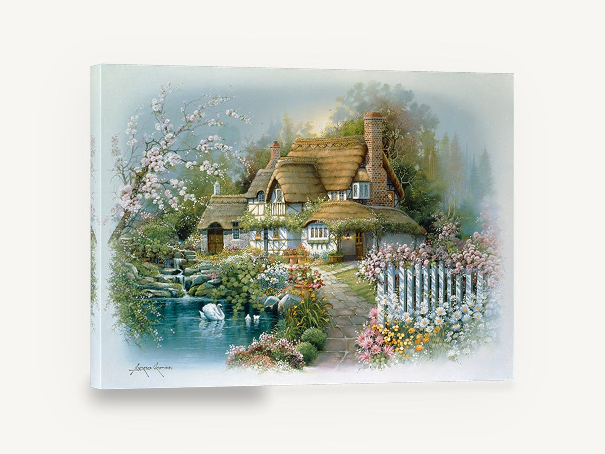Swan Pond Cottage, vintage thatched cottage garden, stretched canvas wall art print ready to hang