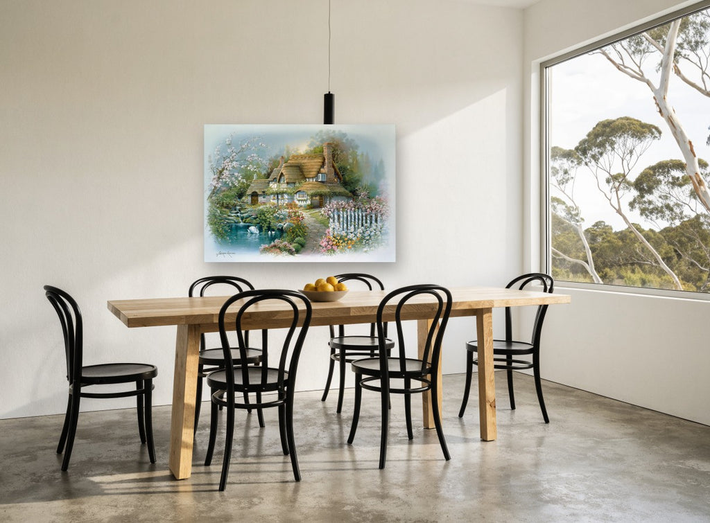 Swan Pond Cottage vintage canvas print on the wall of a dining room