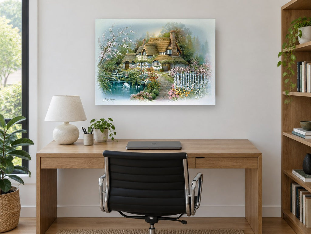 Swan Pond Cottage vintage canvas print on the wall of a study
