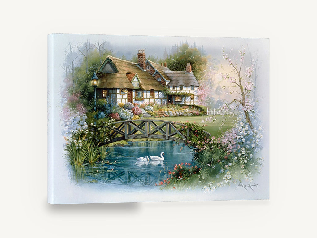 Swan Pond Cottage, vintage thatched cottage garden scene, stretched canvas wall art print ready to hang