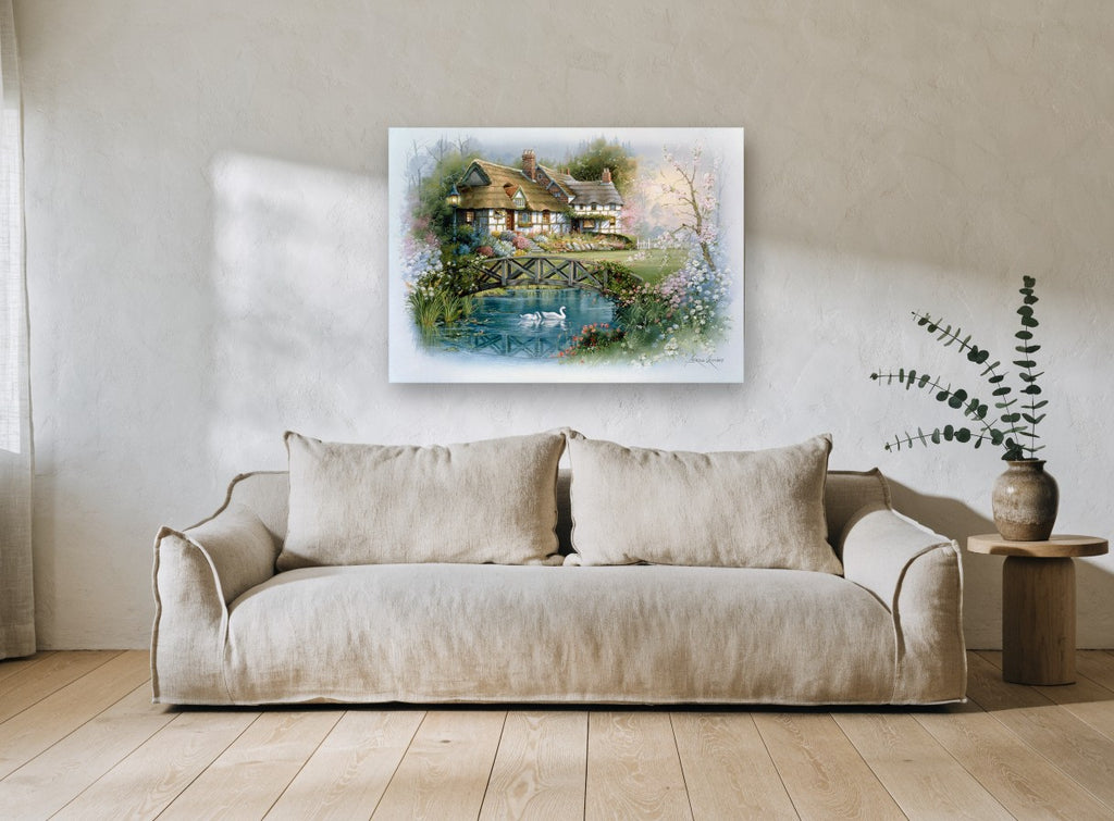 Swan Pond Cottage vintage canvas print on the wall of a living room