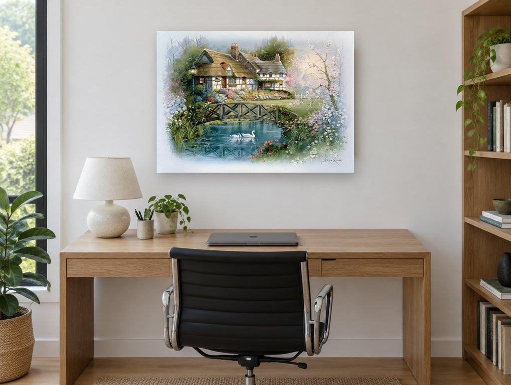Swan Pond Cottage vintage canvas print on the wall of a study