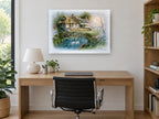 Swan Pond Cottage vintage canvas print on the wall of a study