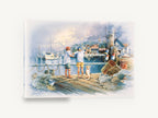 Boys on the Fishing Dock, children fishing harbour dock watercolour, coastal canvas wall art print ready to hang