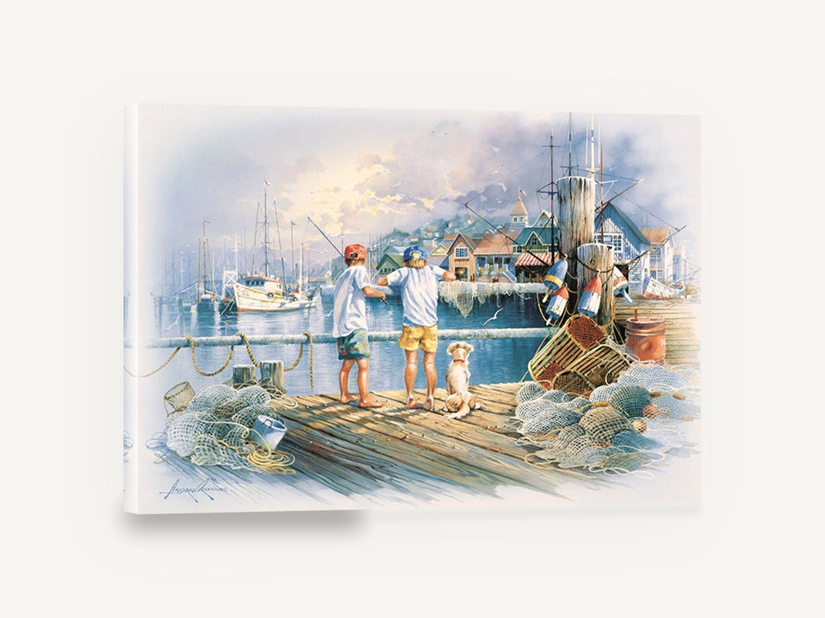 Boys on the Fishing Dock, children fishing harbour dock watercolour, coastal canvas wall art print ready to hang