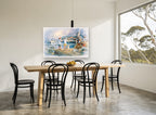 Boys on the Fishing Dock coastal canvas print on the wall of a dining room