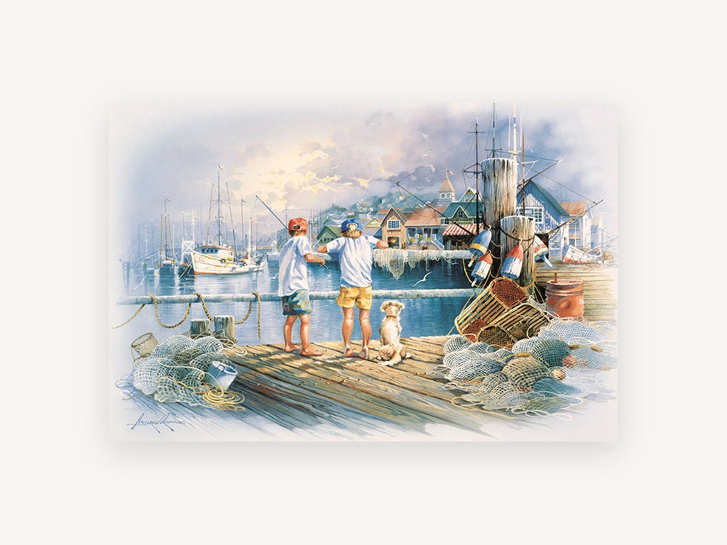 Boys on the Fishing Dock, coastal canvas wall art print, front view