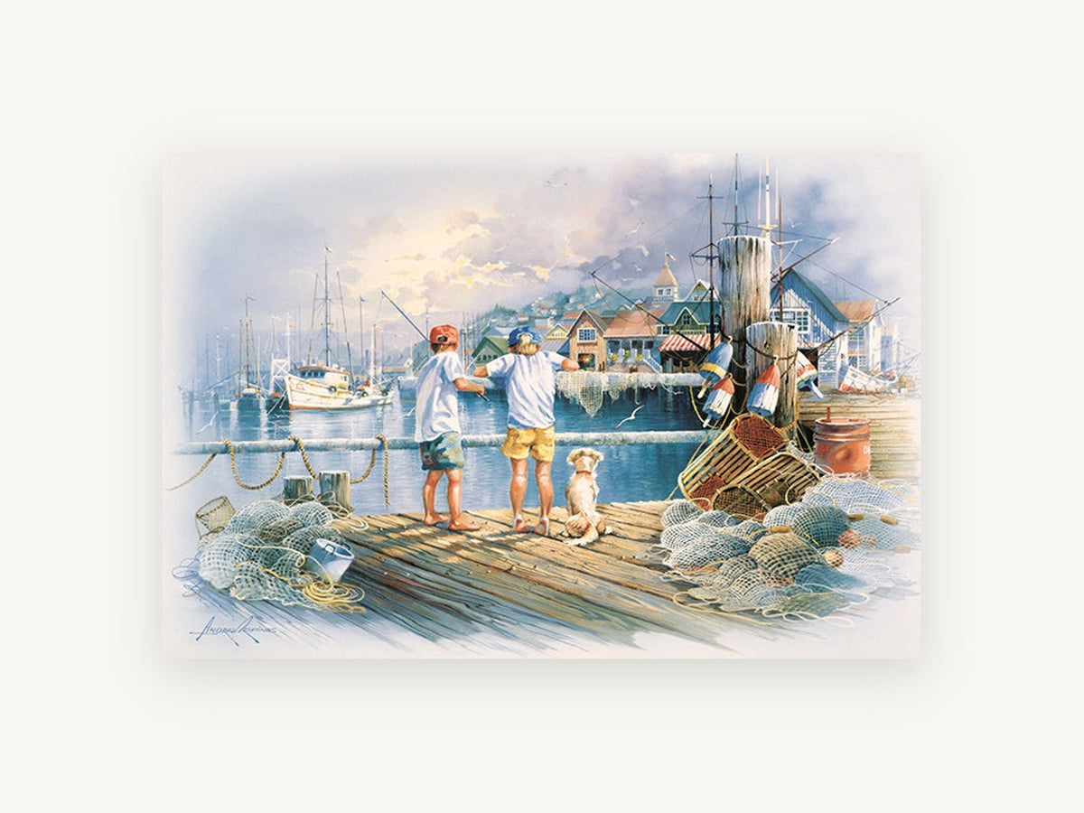Boys on the Fishing Dock, coastal canvas wall art print, front view
