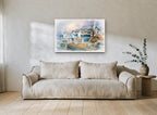 Boys on the Fishing Dock coastal canvas print on the wall of a living room
