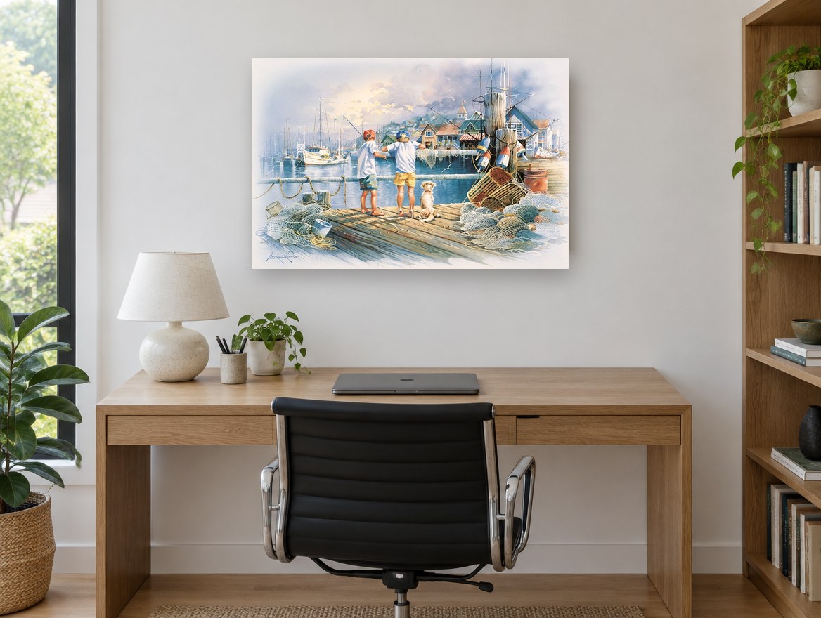 Boys on the Fishing Dock coastal canvas print on the wall of a study