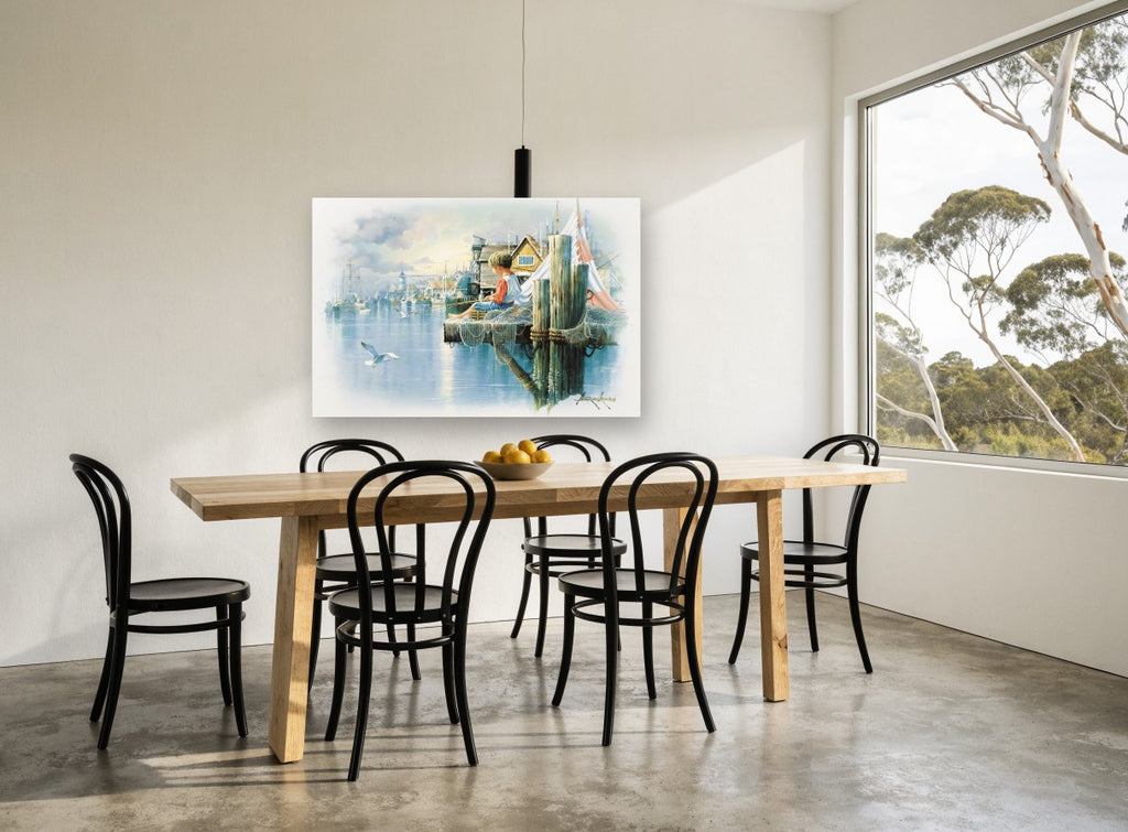 Boy Fishing at Harbour coastal canvas print on the wall of a dining room