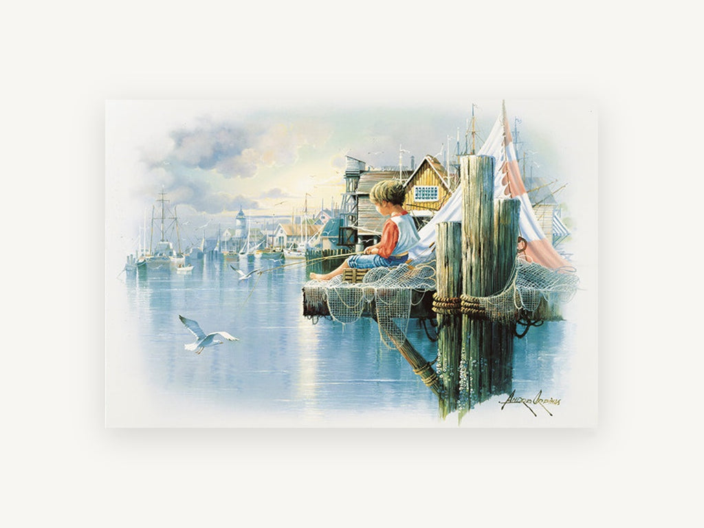 Boy Fishing at Harbour, coastal canvas wall art print, front view