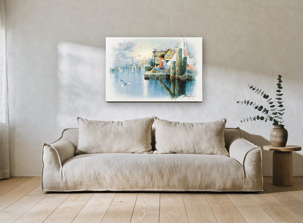 Boy Fishing at Harbour coastal canvas print on the wall of a living room