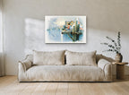 Boy Fishing at Harbour coastal canvas print on the wall of a living room