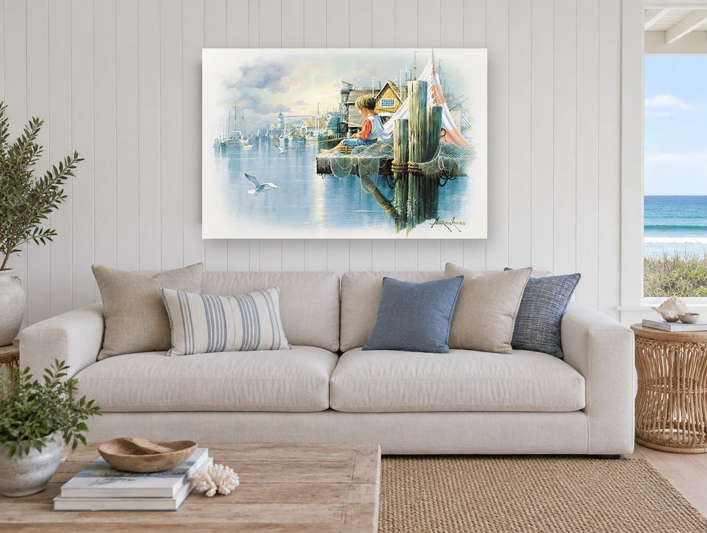 Boy Fishing at Harbour coastal canvas print on the wall of a beach house living room