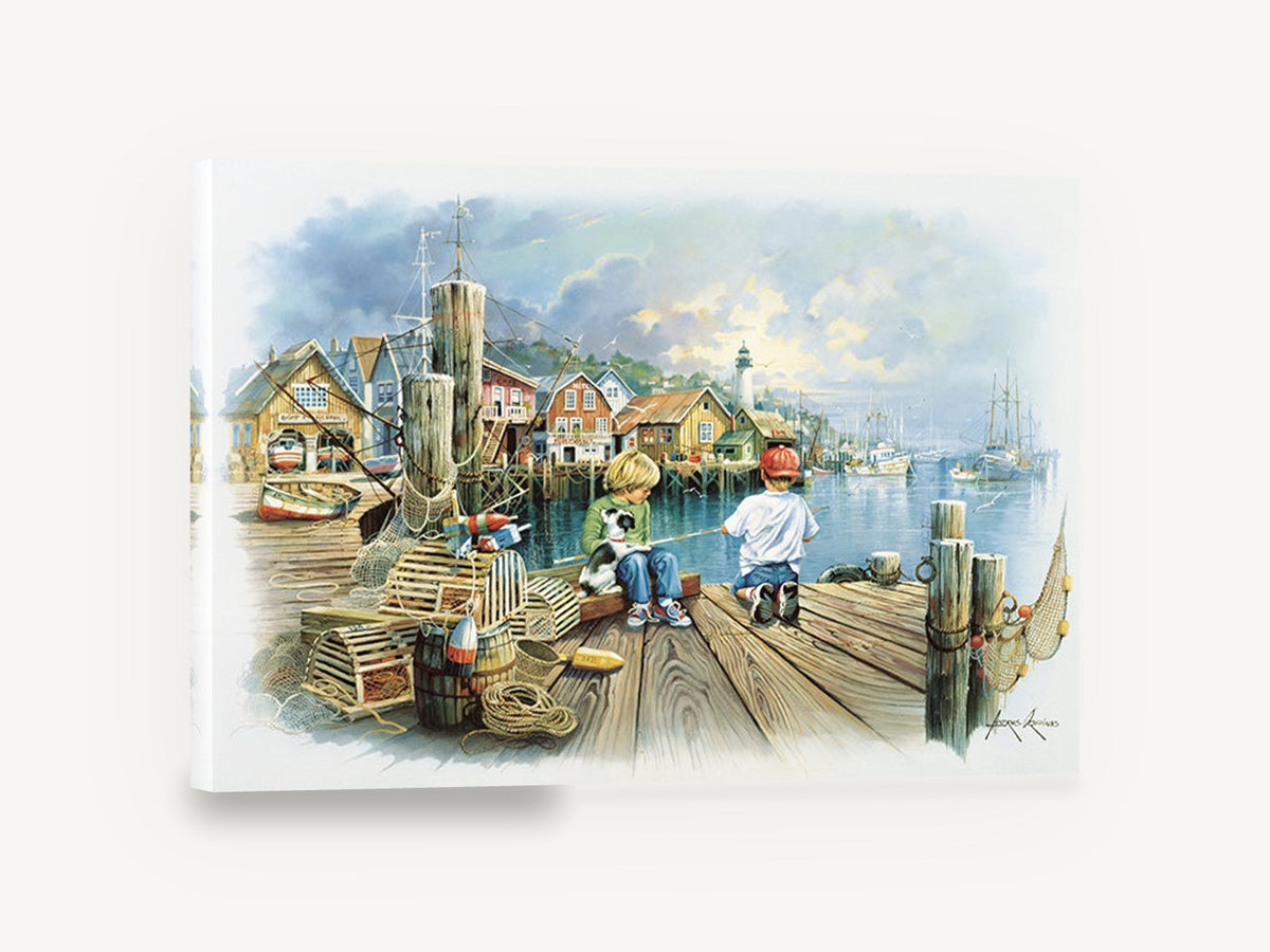 Boys Fishing Harbour Dock, boys fishing harbour dock illustration, coastal canvas wall art print ready to hang