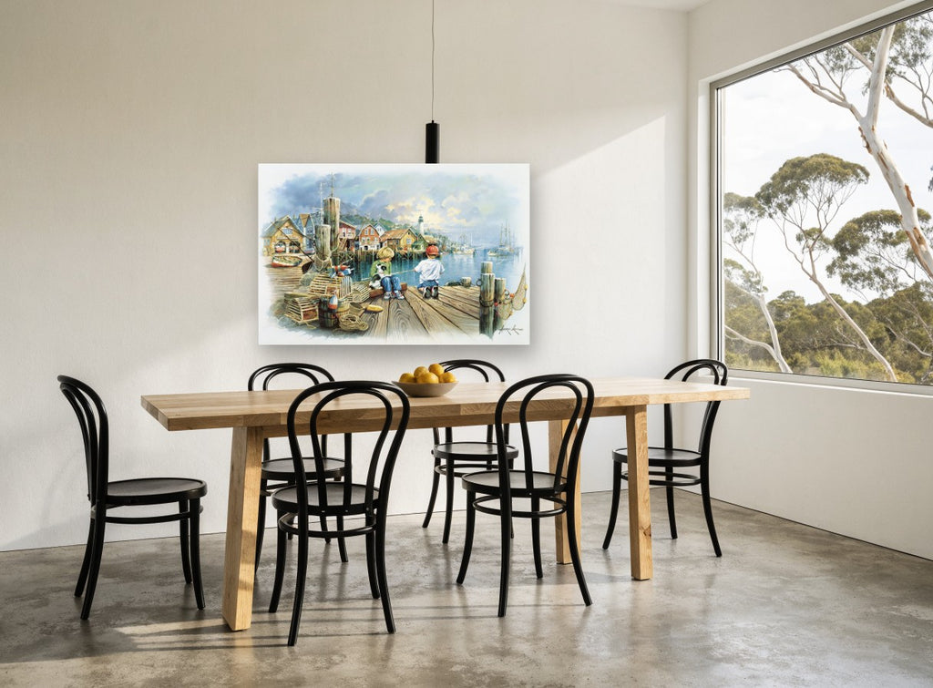 Boys Fishing Harbour Dock coastal canvas print on the wall of a dining room