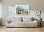 Boys Fishing Harbour Dock coastal canvas print on the wall of a living room