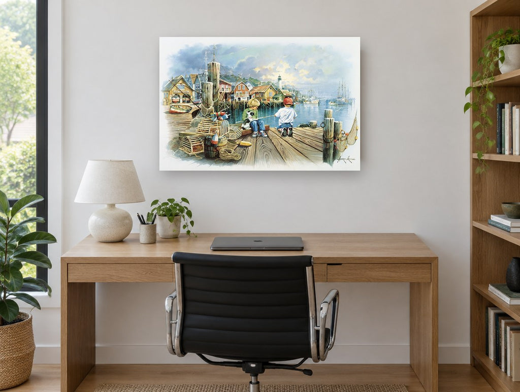Boys Fishing Harbour Dock coastal canvas print on the wall of a study
