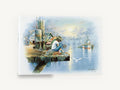 Misty Harbour Boy Fishing, boy fishing harbour dock illustration, coastal canvas wall art print ready to hang