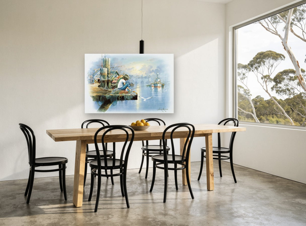 Misty Harbour Boy Fishing coastal canvas print on the wall of a dining room