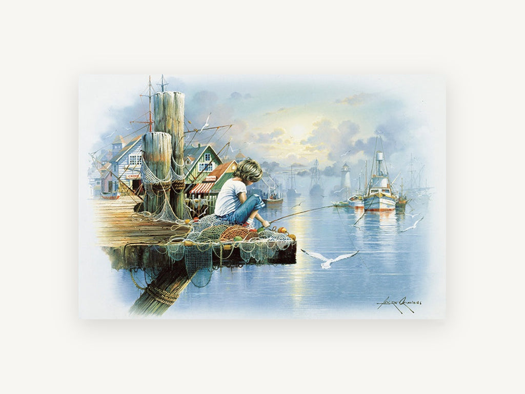 Misty Harbour Boy Fishing, coastal canvas wall art print, front view