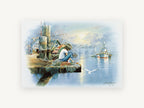 Misty Harbour Boy Fishing, coastal canvas wall art print, front view