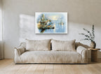 Misty Harbour Boy Fishing coastal canvas print on the wall of a living room