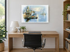 Misty Harbour Boy Fishing coastal canvas print on the wall of a study